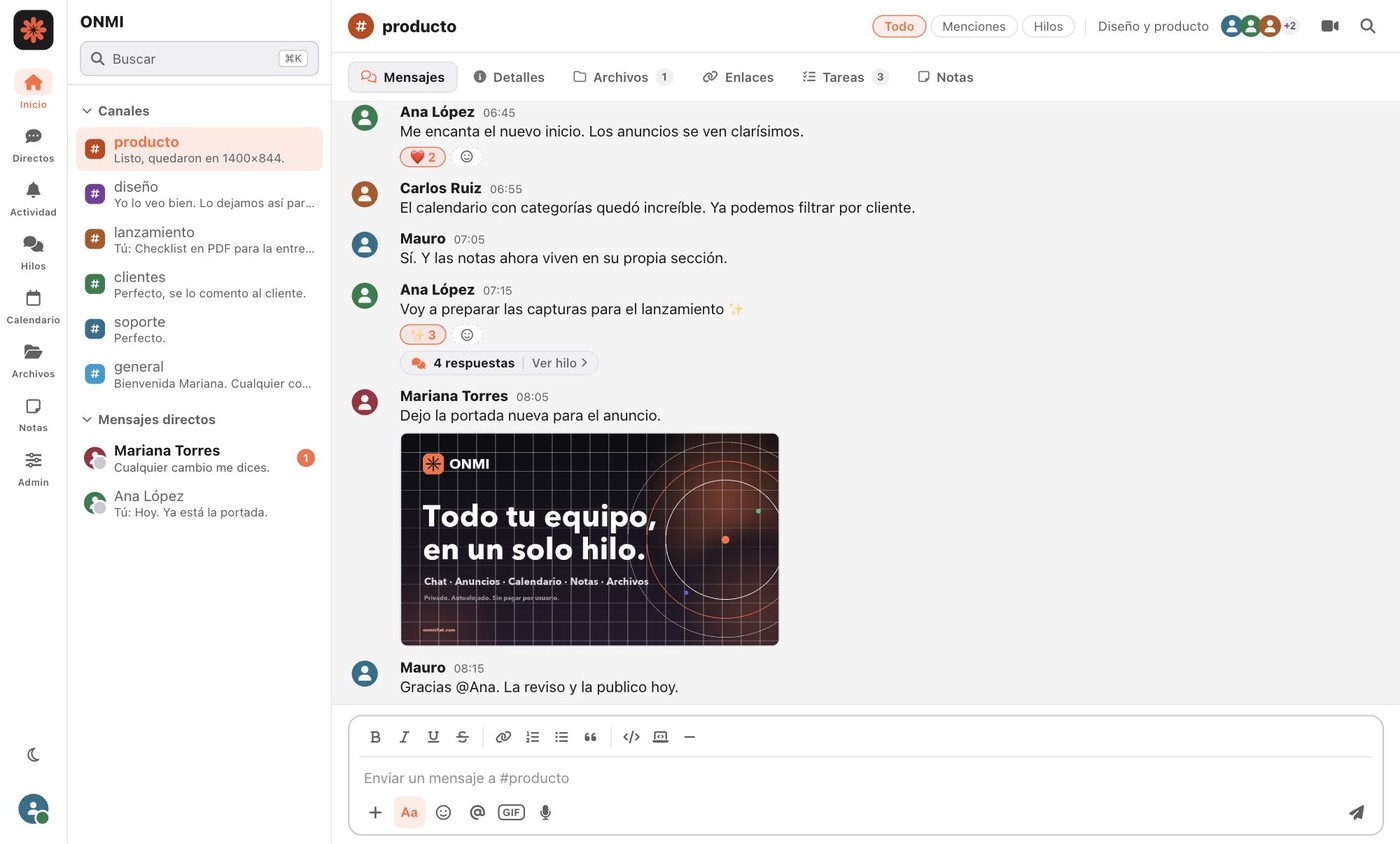 Captura del chat de ONMI con canales, mensajes y composer